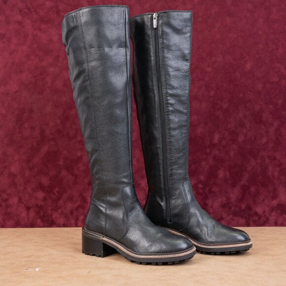 Vince Camuto Women Kensilie Black Leather Zip Fashion Lug OTK Boots 7US EUR 37.5 - Picture 1 of 10